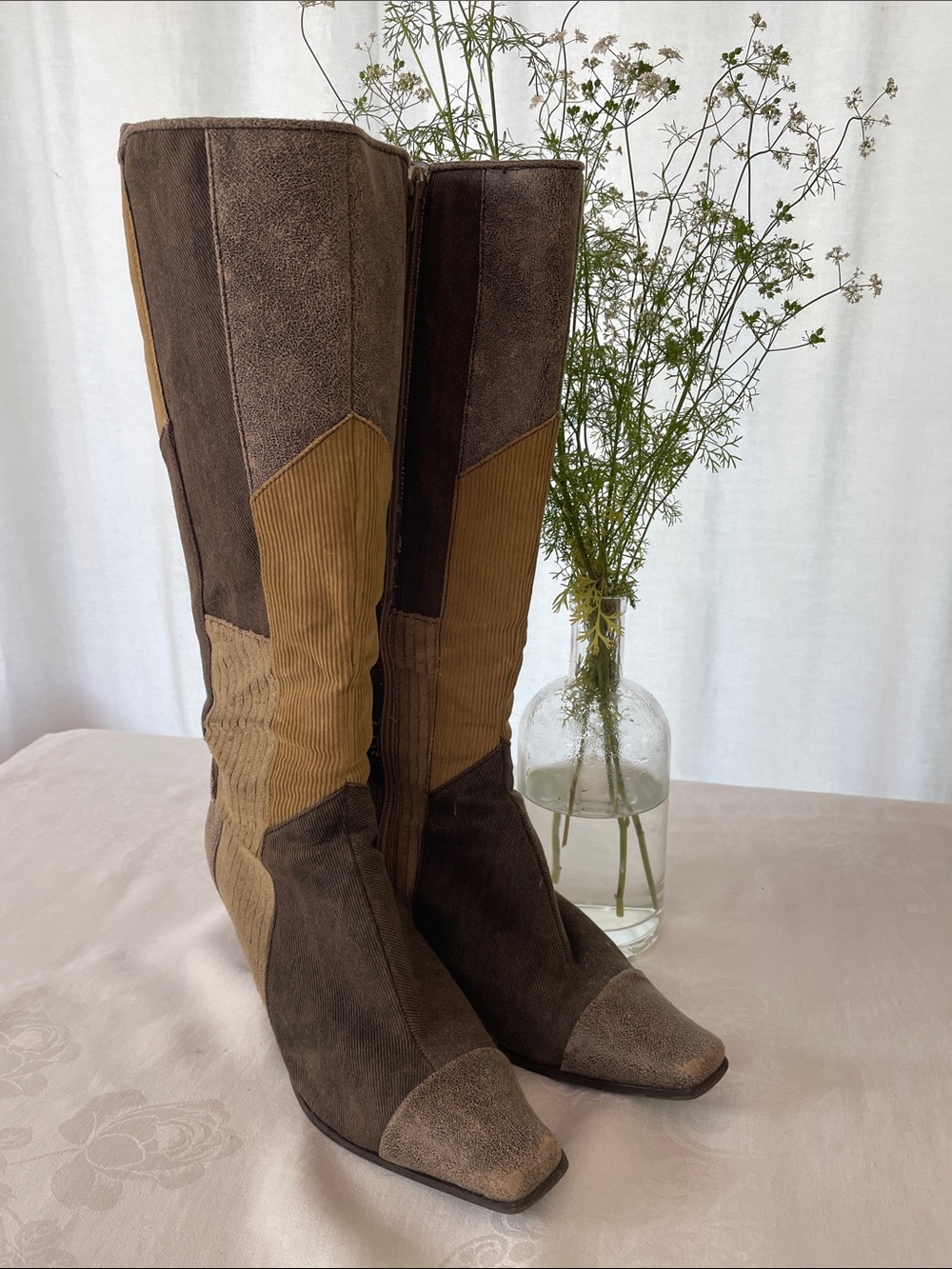 Unusual Two-Tone Brown and Gold fabric Knee-High Heeled Boots